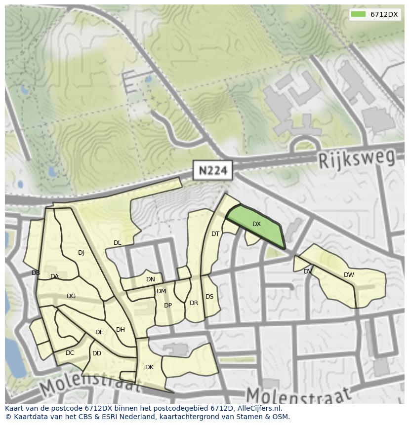Afbeelding van het postcodegebied 6712 DX op de kaart.