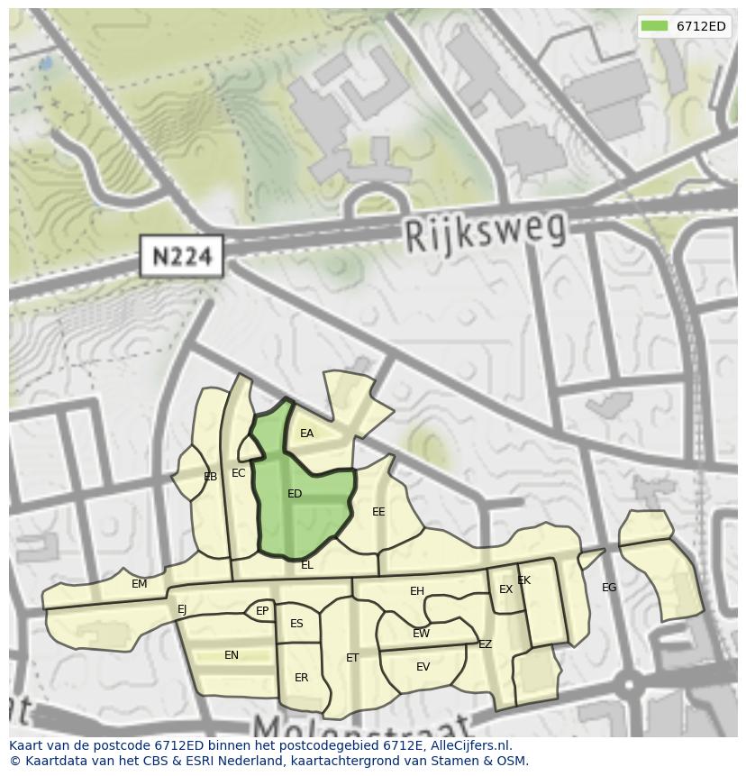 Afbeelding van het postcodegebied 6712 ED op de kaart.