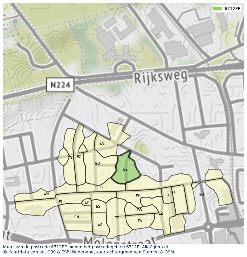 Afbeelding van het postcodegebied 6712 EE op de kaart.