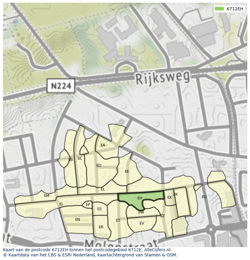 Afbeelding van het postcodegebied 6712 EH op de kaart.
