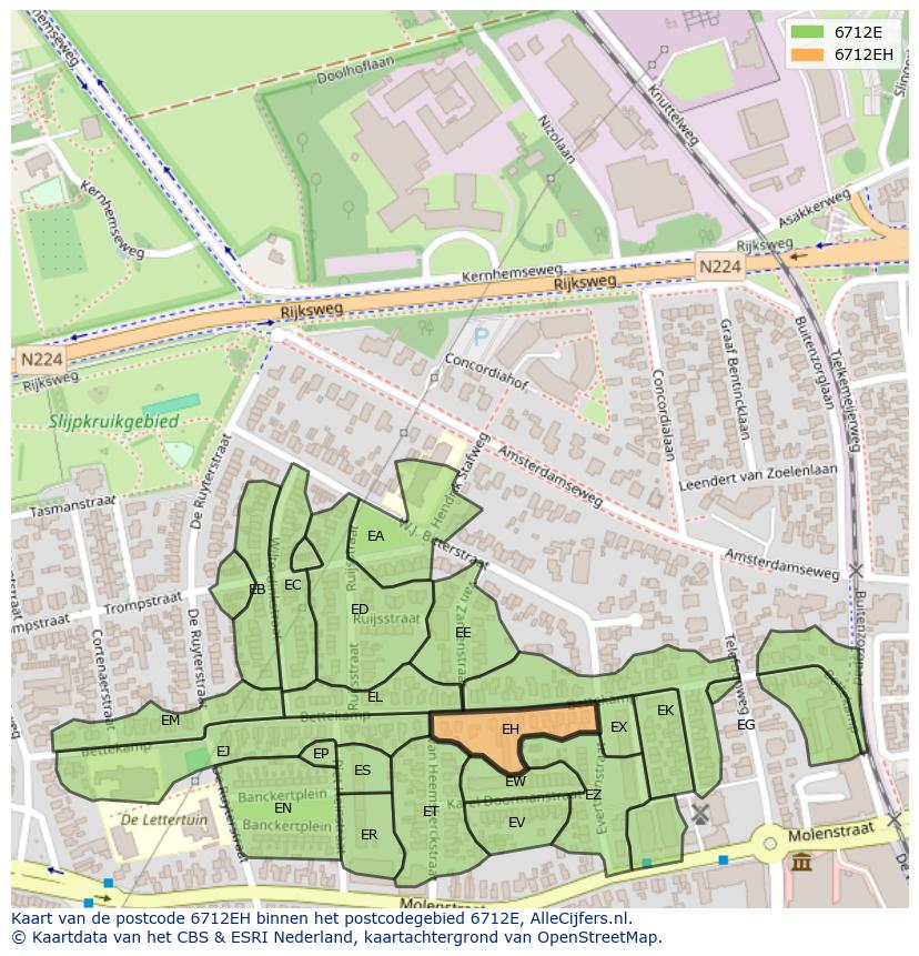 Afbeelding van het postcodegebied 6712 EH op de kaart.