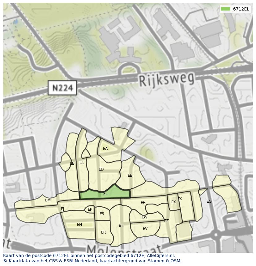 Afbeelding van het postcodegebied 6712 EL op de kaart.