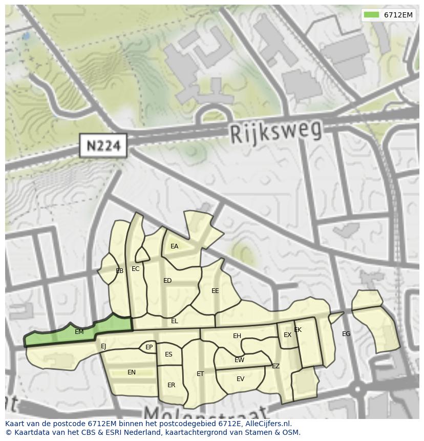 Afbeelding van het postcodegebied 6712 EM op de kaart.