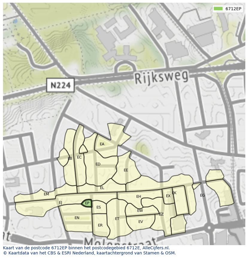 Afbeelding van het postcodegebied 6712 EP op de kaart.