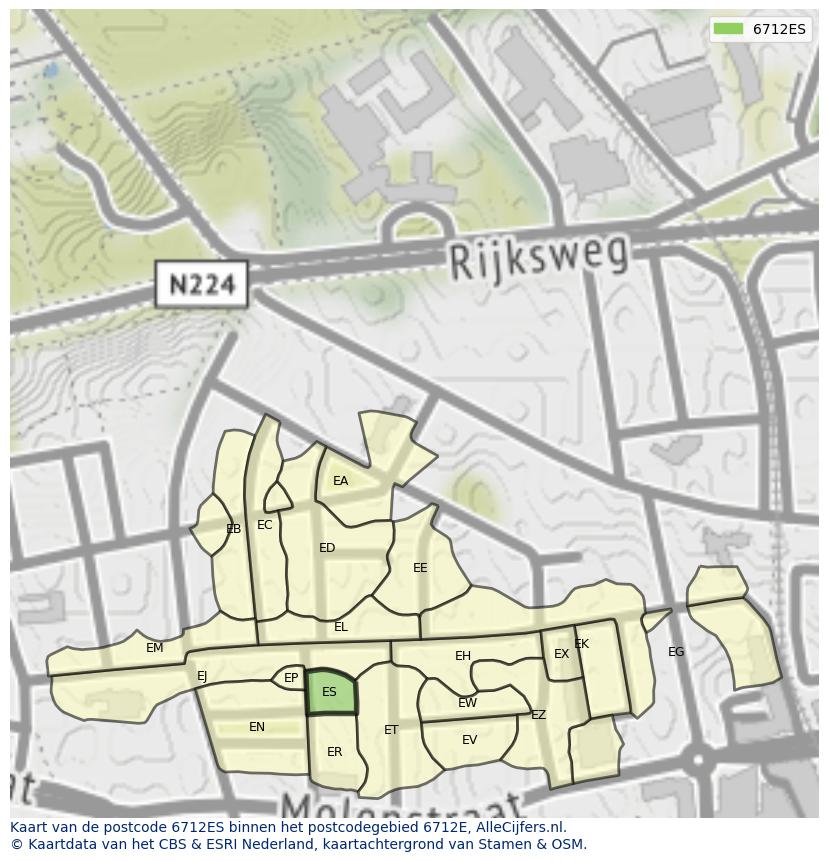 Afbeelding van het postcodegebied 6712 ES op de kaart.