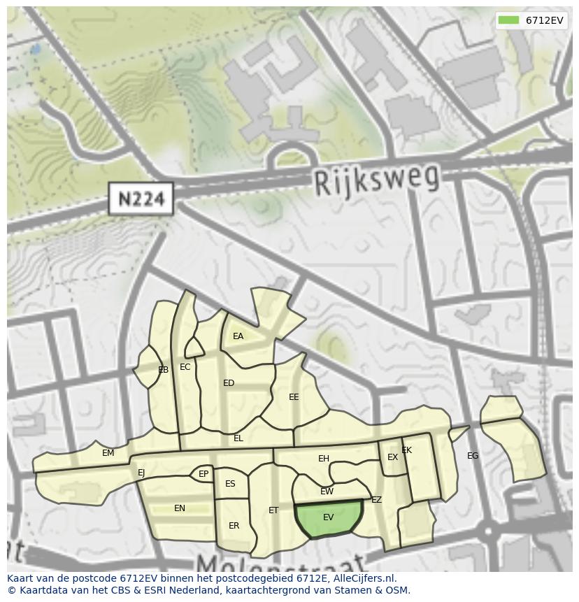 Afbeelding van het postcodegebied 6712 EV op de kaart.