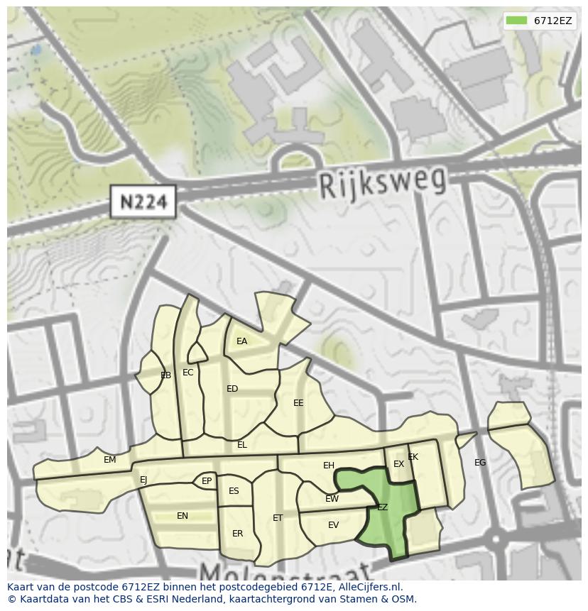 Afbeelding van het postcodegebied 6712 EZ op de kaart.