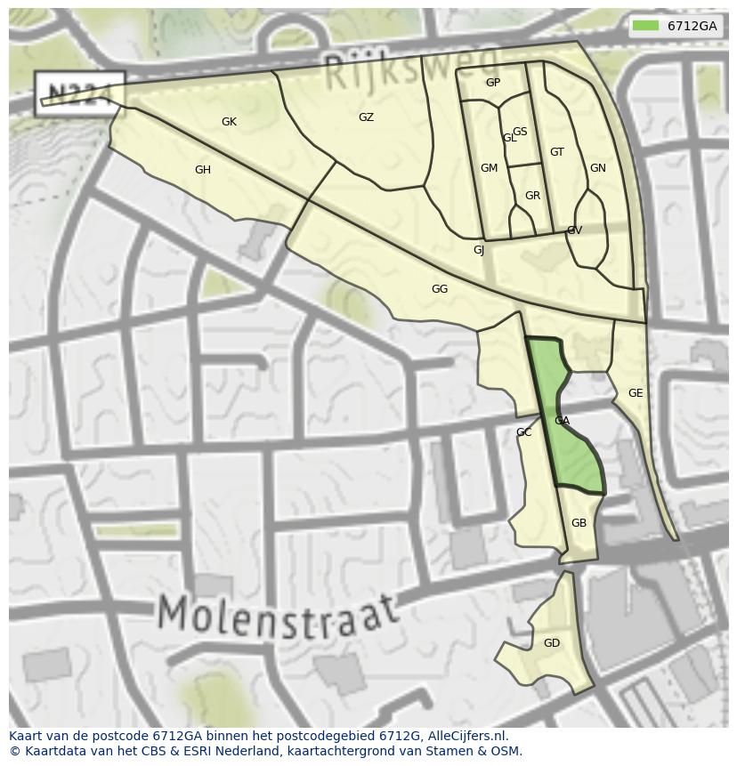 Afbeelding van het postcodegebied 6712 GA op de kaart.