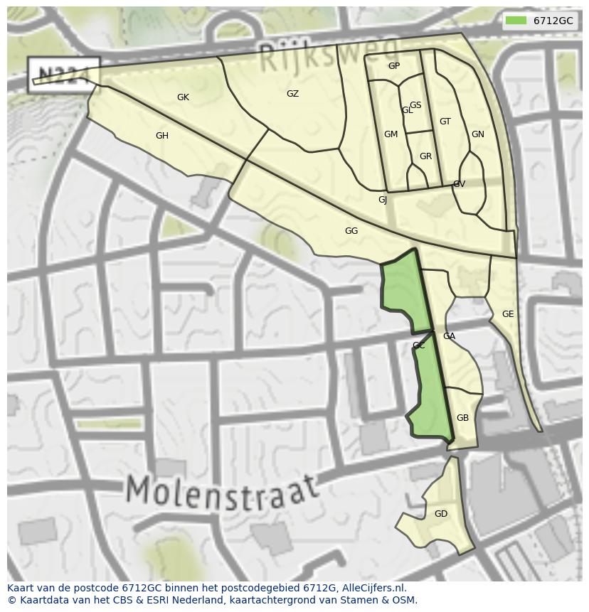 Afbeelding van het postcodegebied 6712 GC op de kaart.