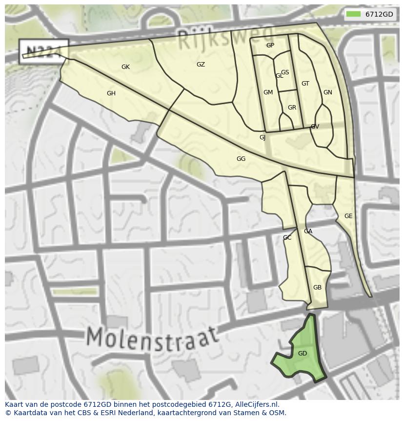 Afbeelding van het postcodegebied 6712 GD op de kaart.