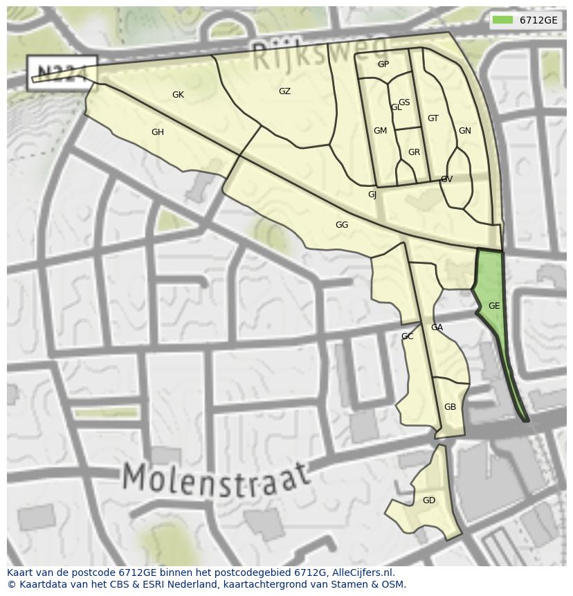 Afbeelding van het postcodegebied 6712 GE op de kaart.