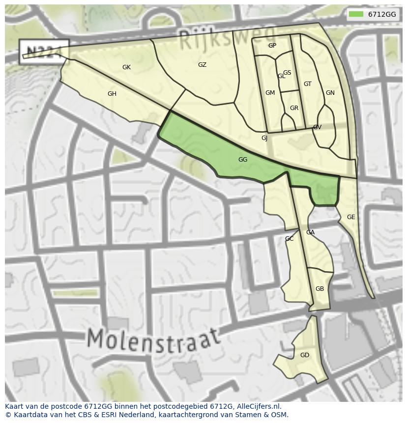 Afbeelding van het postcodegebied 6712 GG op de kaart.