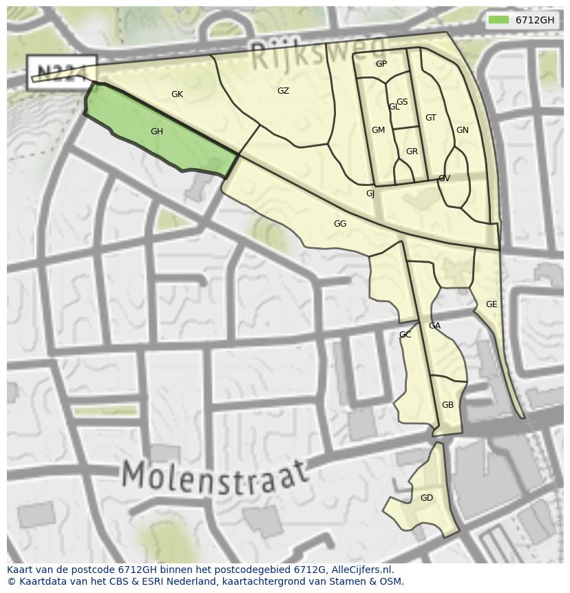 Afbeelding van het postcodegebied 6712 GH op de kaart.