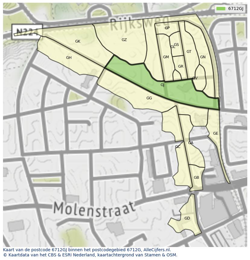 Afbeelding van het postcodegebied 6712 GJ op de kaart.