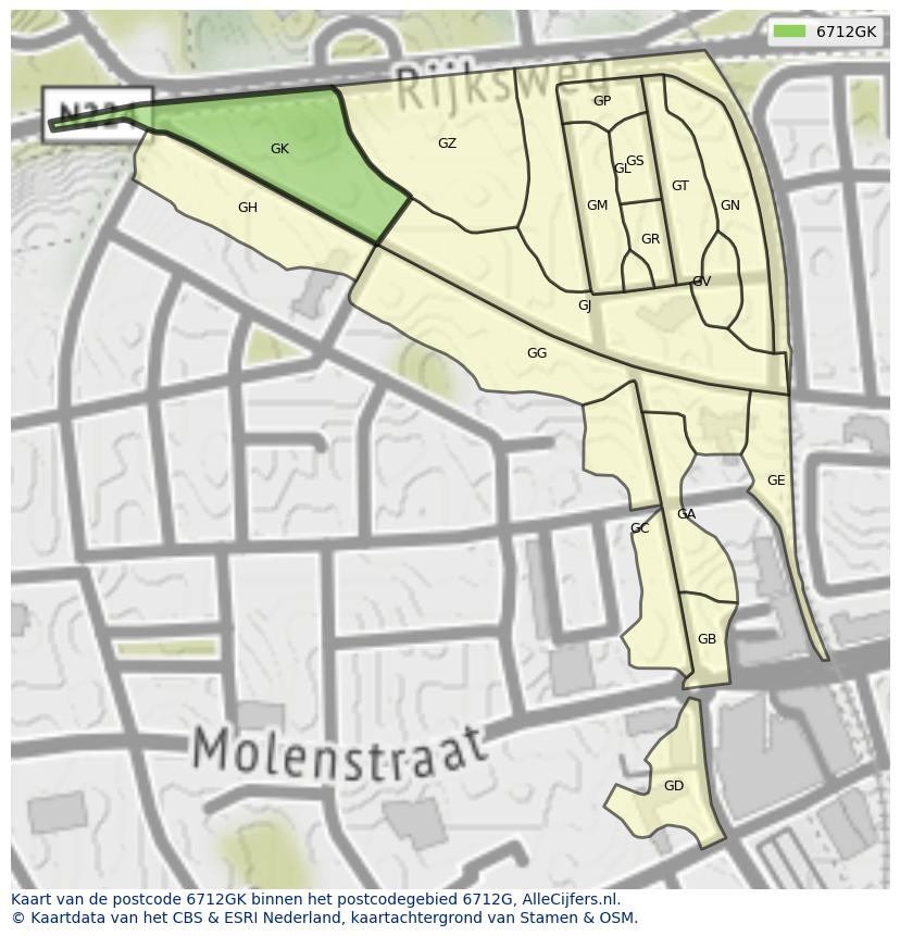 Afbeelding van het postcodegebied 6712 GK op de kaart.