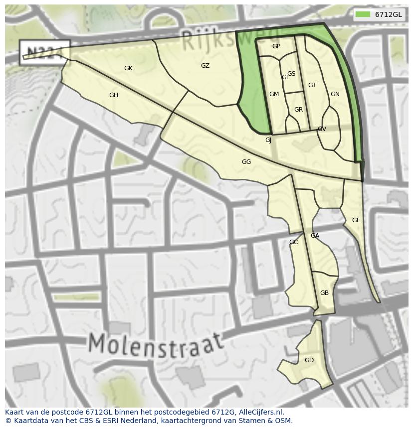 Afbeelding van het postcodegebied 6712 GL op de kaart.