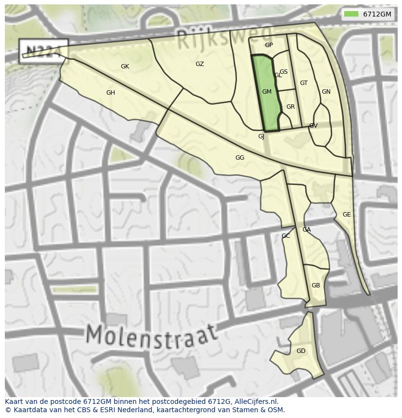 Afbeelding van het postcodegebied 6712 GM op de kaart.