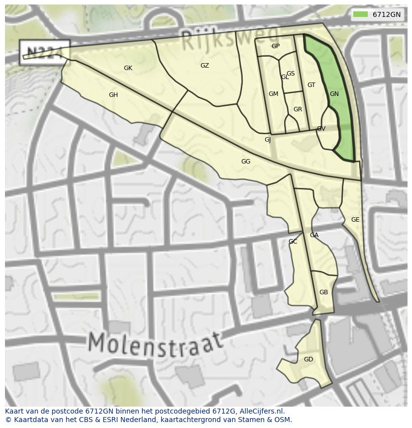 Afbeelding van het postcodegebied 6712 GN op de kaart.