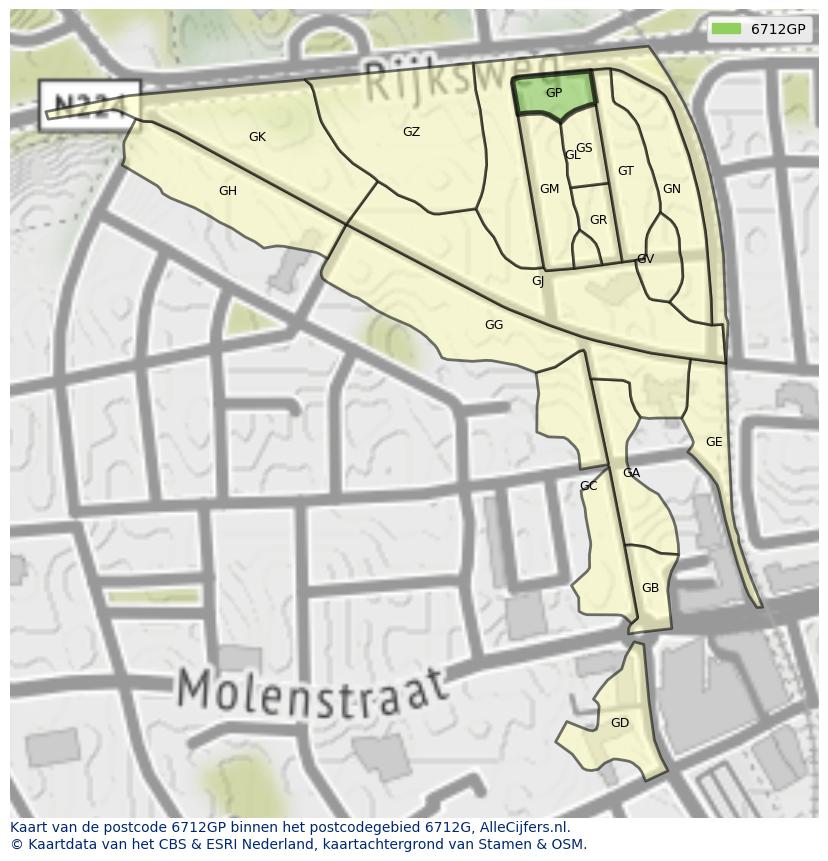 Afbeelding van het postcodegebied 6712 GP op de kaart.