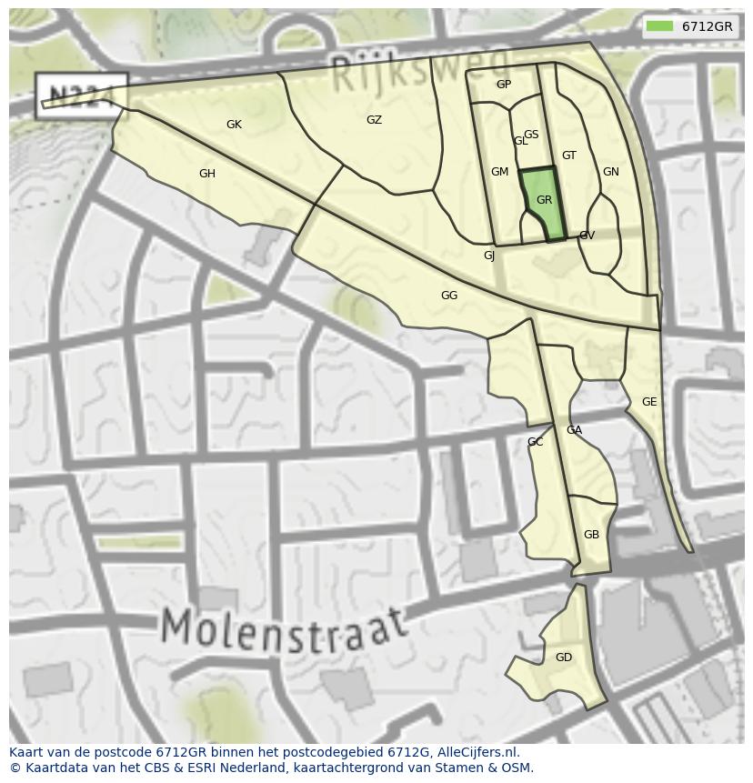 Afbeelding van het postcodegebied 6712 GR op de kaart.