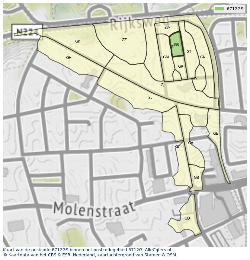 Afbeelding van het postcodegebied 6712 GS op de kaart.