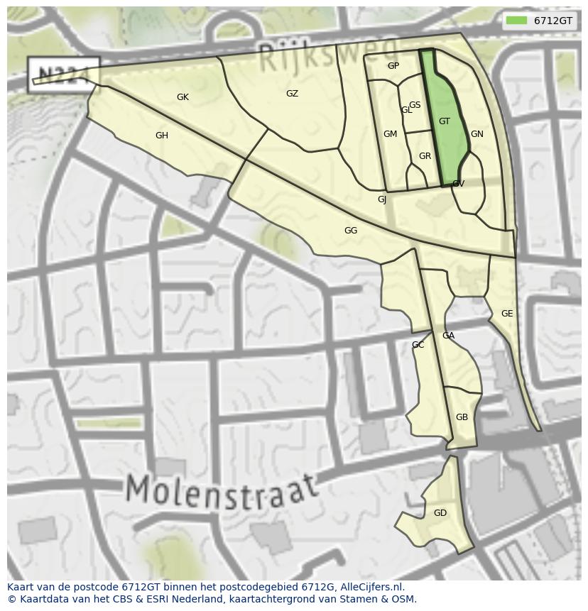 Afbeelding van het postcodegebied 6712 GT op de kaart.