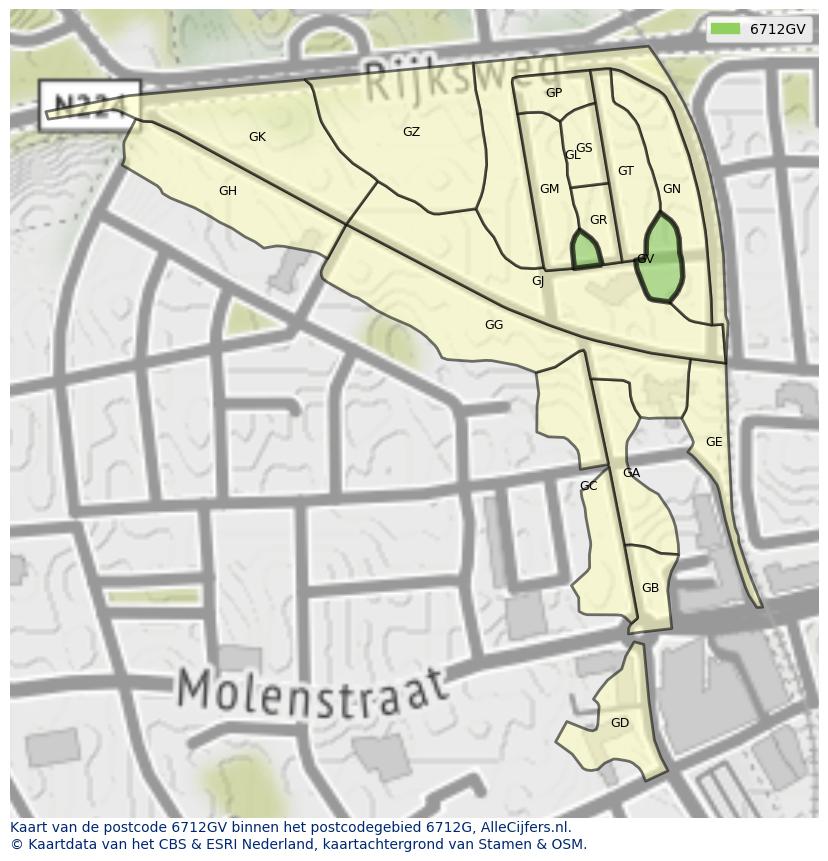 Afbeelding van het postcodegebied 6712 GV op de kaart.