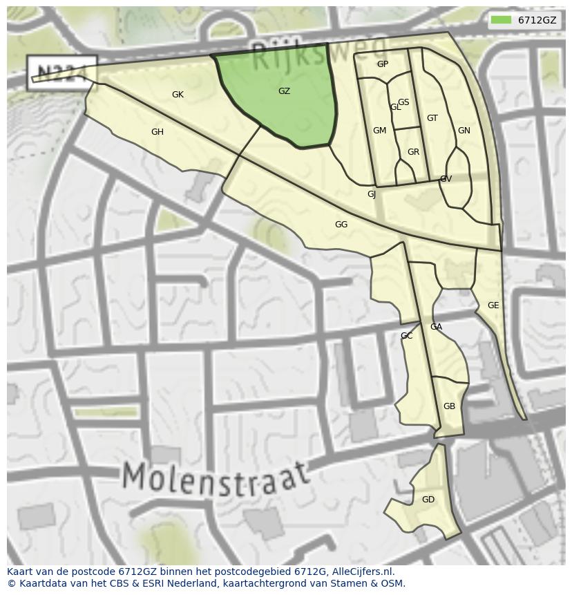 Afbeelding van het postcodegebied 6712 GZ op de kaart.