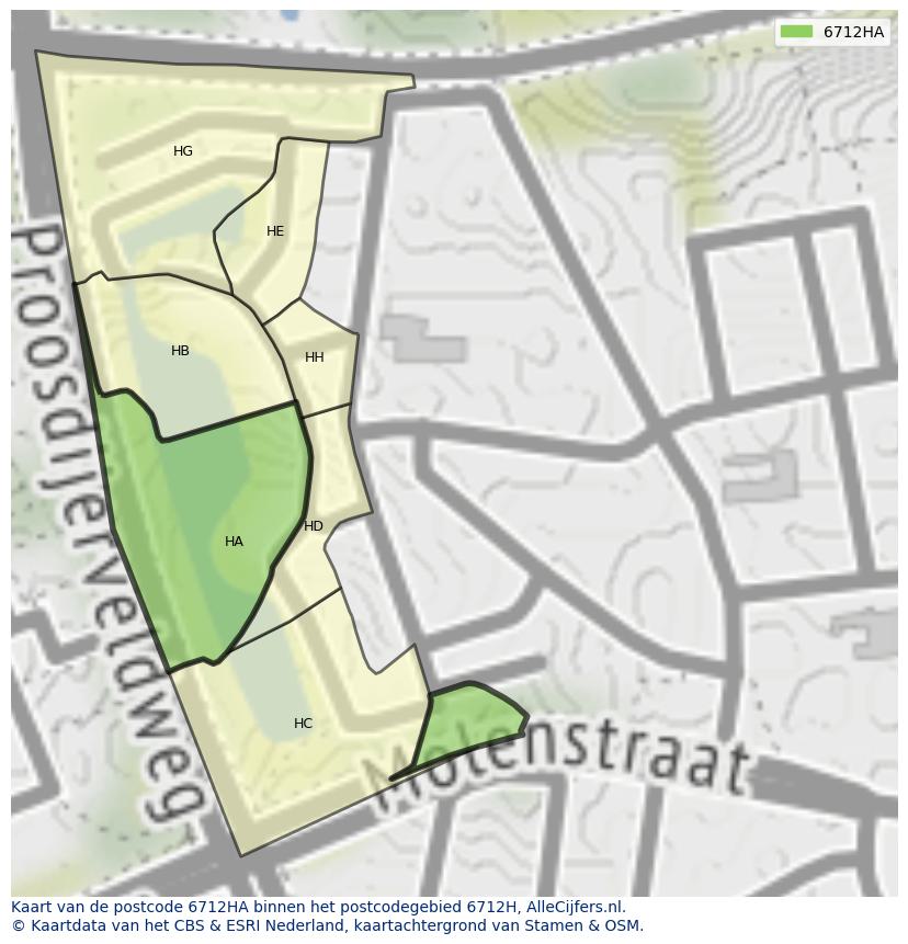 Afbeelding van het postcodegebied 6712 HA op de kaart.