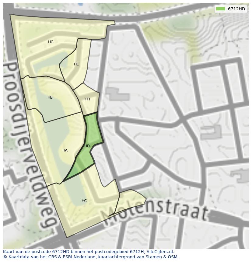 Afbeelding van het postcodegebied 6712 HD op de kaart.