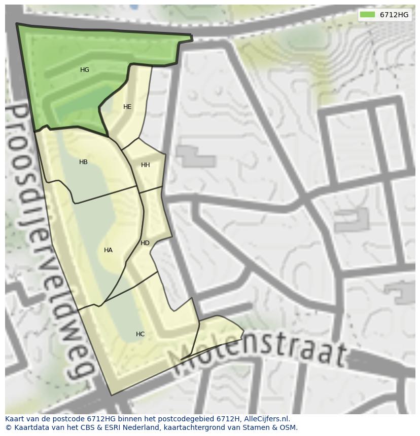 Afbeelding van het postcodegebied 6712 HG op de kaart.