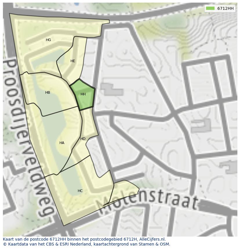 Afbeelding van het postcodegebied 6712 HH op de kaart.