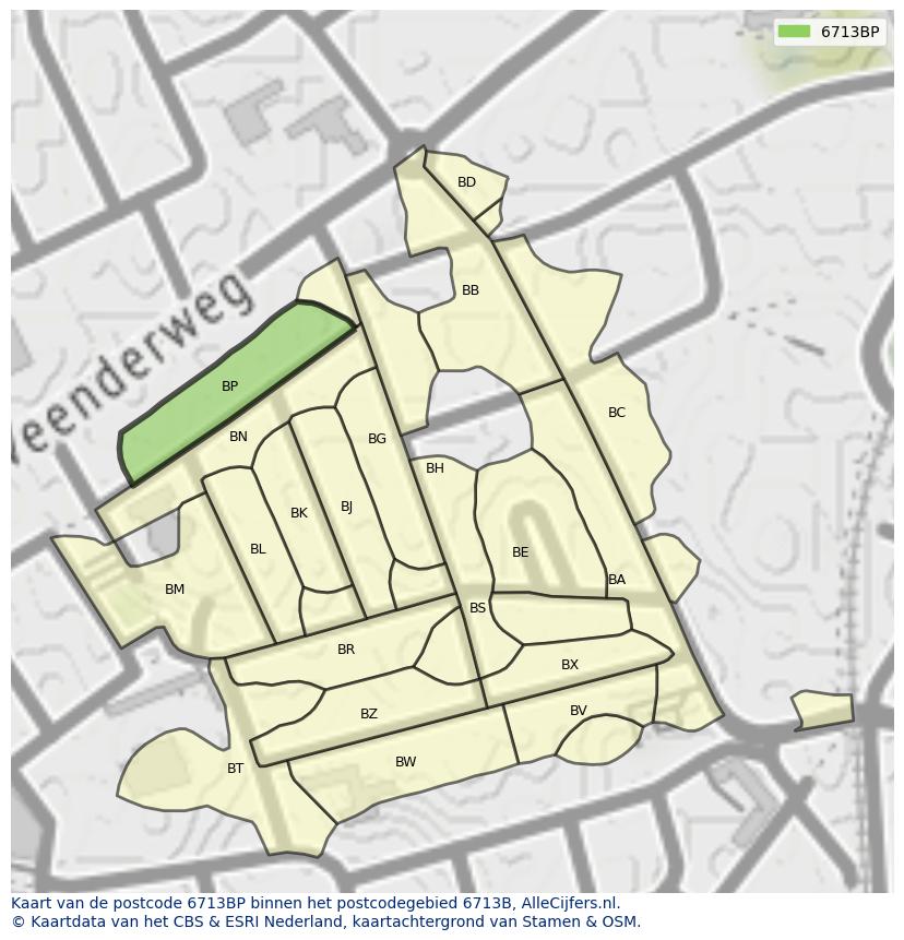Afbeelding van het postcodegebied 6713 BP op de kaart.