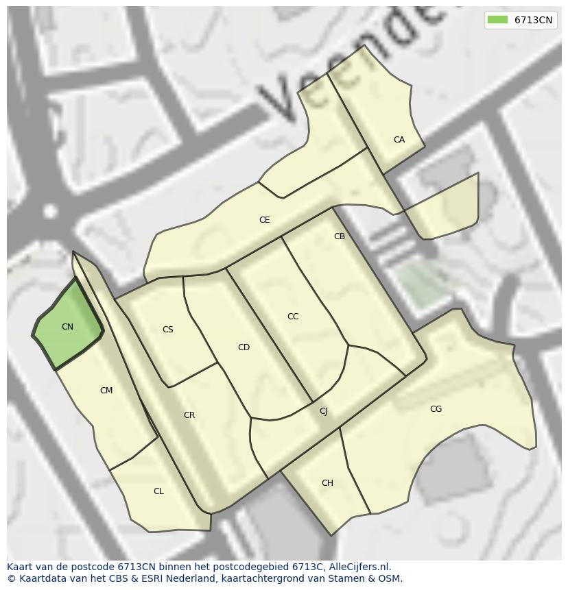Afbeelding van het postcodegebied 6713 CN op de kaart.