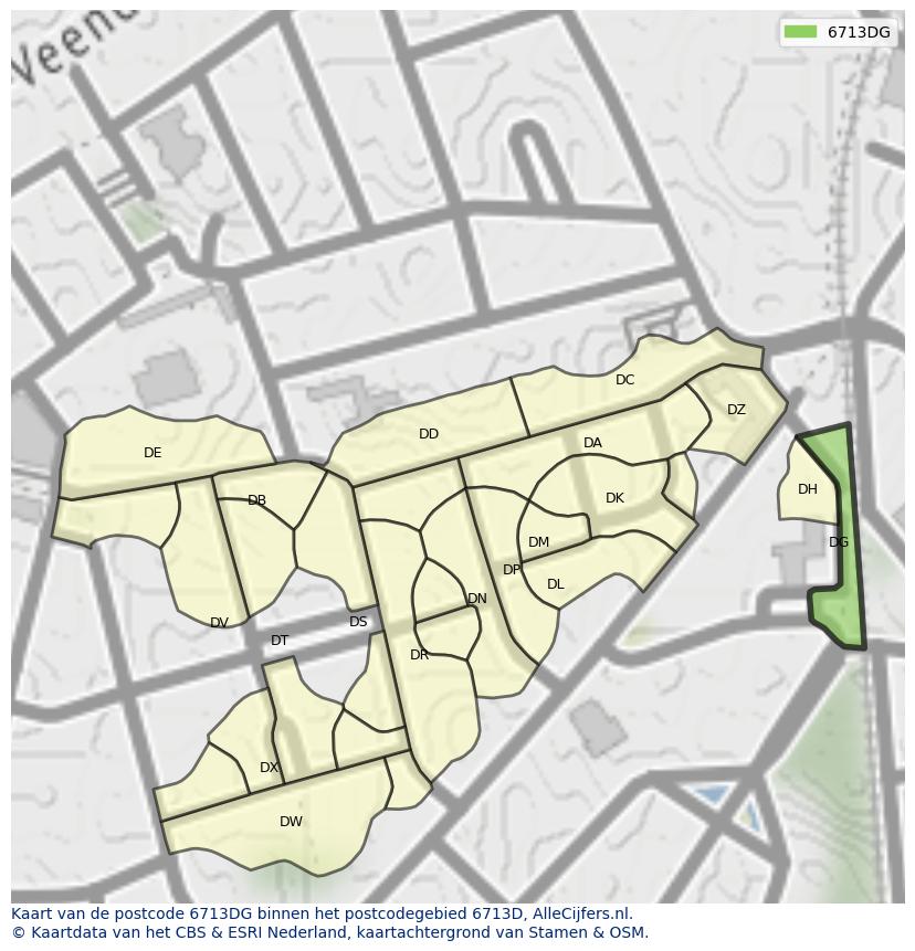 Afbeelding van het postcodegebied 6713 DG op de kaart.
