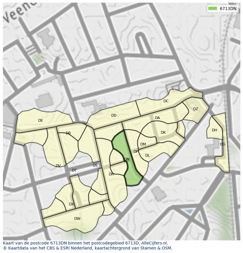 Afbeelding van het postcodegebied 6713 DN op de kaart.