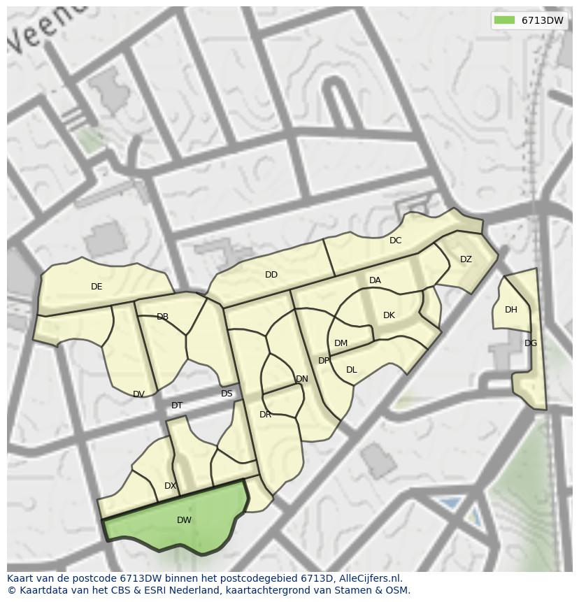Afbeelding van het postcodegebied 6713 DW op de kaart.