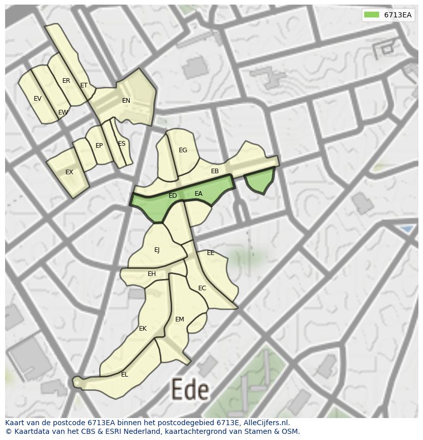 Afbeelding van het postcodegebied 6713 EA op de kaart.