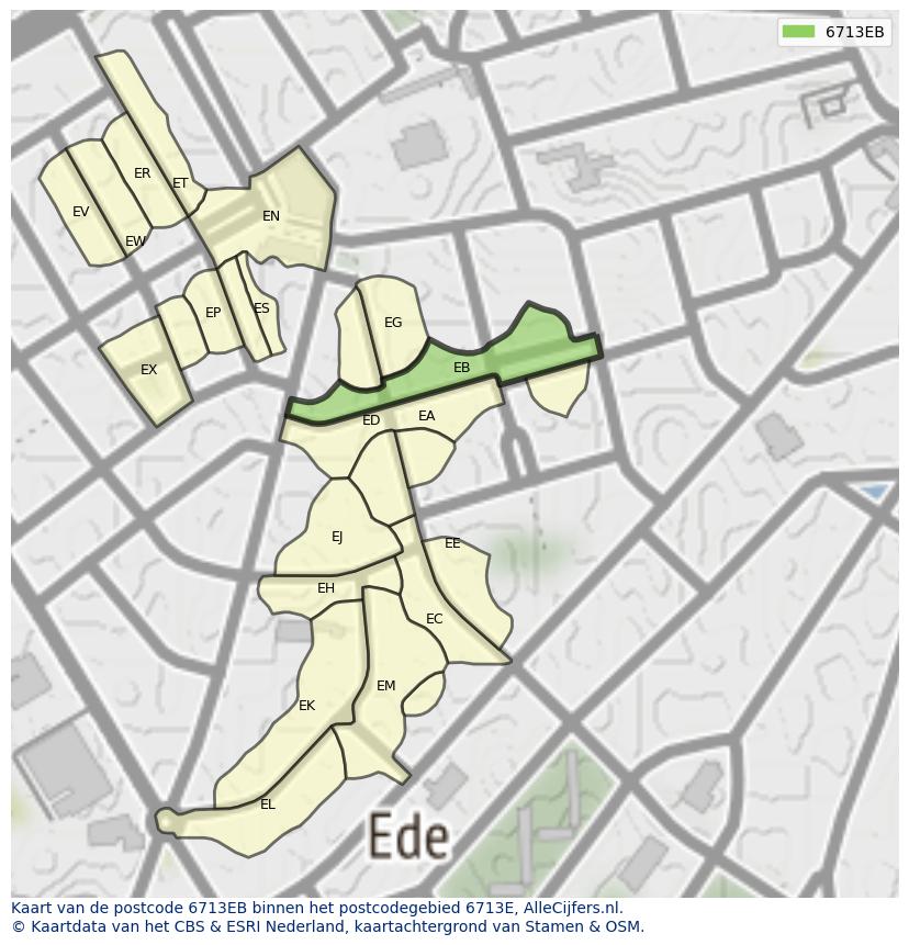 Afbeelding van het postcodegebied 6713 EB op de kaart.