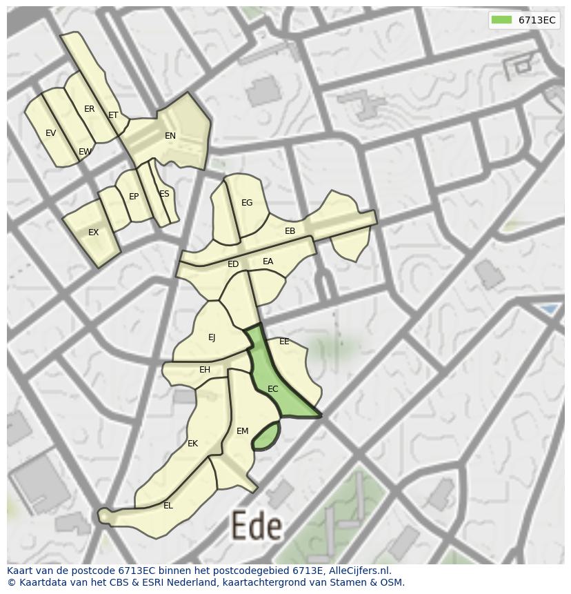 Afbeelding van het postcodegebied 6713 EC op de kaart.