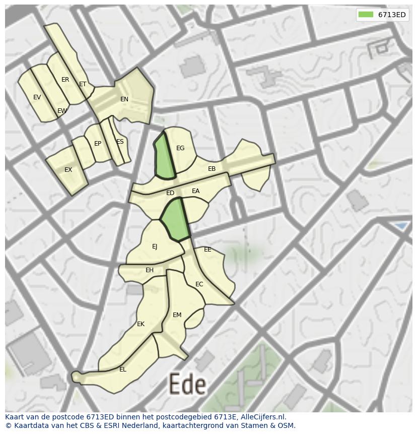 Afbeelding van het postcodegebied 6713 ED op de kaart.