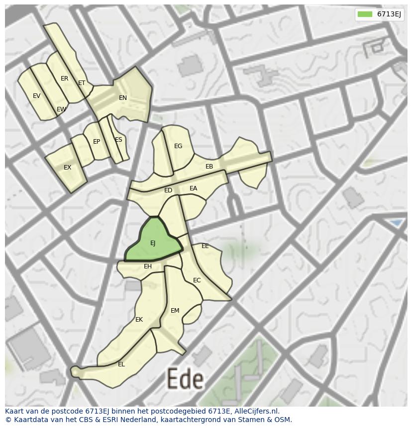 Afbeelding van het postcodegebied 6713 EJ op de kaart.