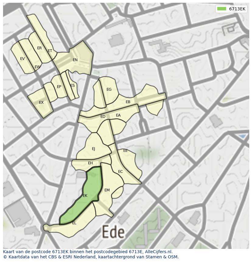 Afbeelding van het postcodegebied 6713 EK op de kaart.