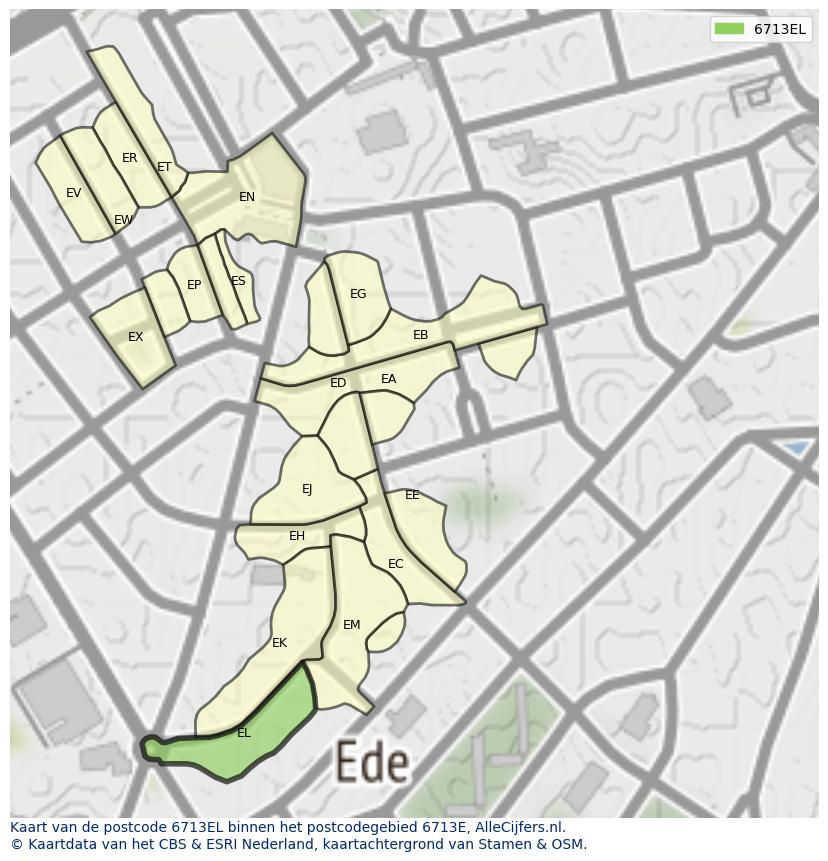 Afbeelding van het postcodegebied 6713 EL op de kaart.