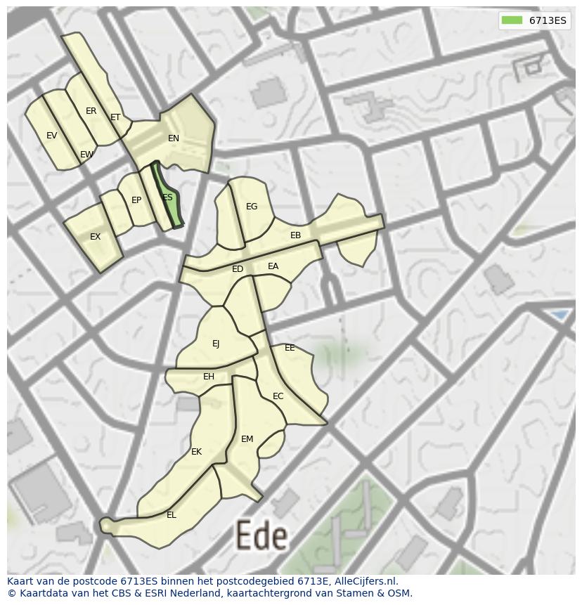 Afbeelding van het postcodegebied 6713 ES op de kaart.