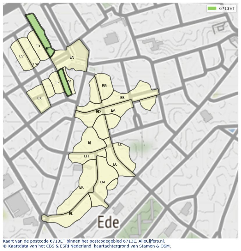 Afbeelding van het postcodegebied 6713 ET op de kaart.