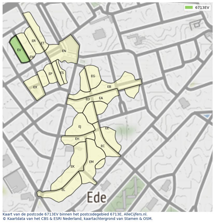 Afbeelding van het postcodegebied 6713 EV op de kaart.