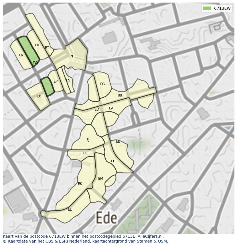 Afbeelding van het postcodegebied 6713 EW op de kaart.