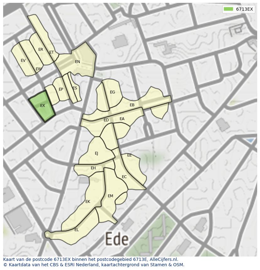 Afbeelding van het postcodegebied 6713 EX op de kaart.