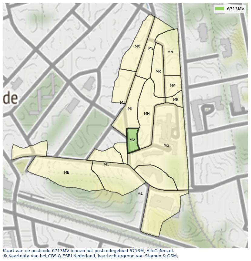 Afbeelding van het postcodegebied 6713 MV op de kaart.